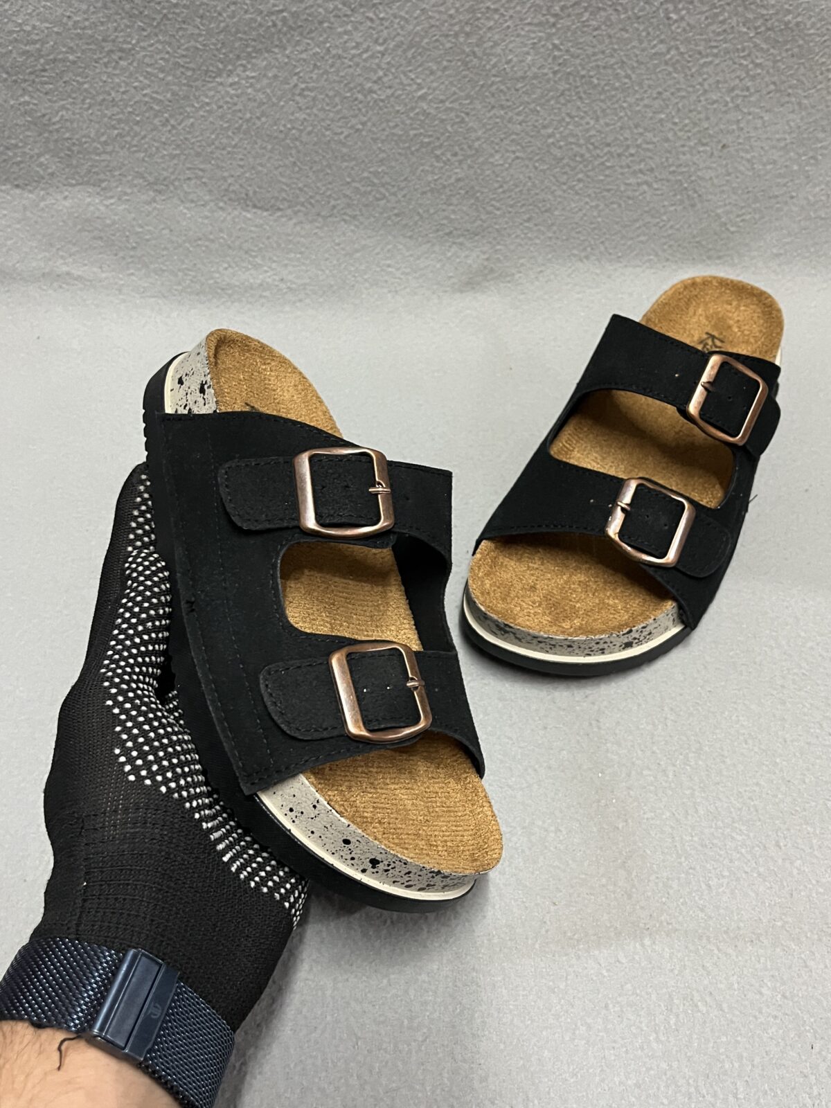 Kickonn Women Black Dual-Strap Slip-On Flat.