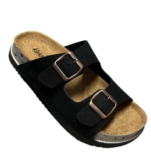 Kickonn Women Black Dual-Strap Slip-On Flat.