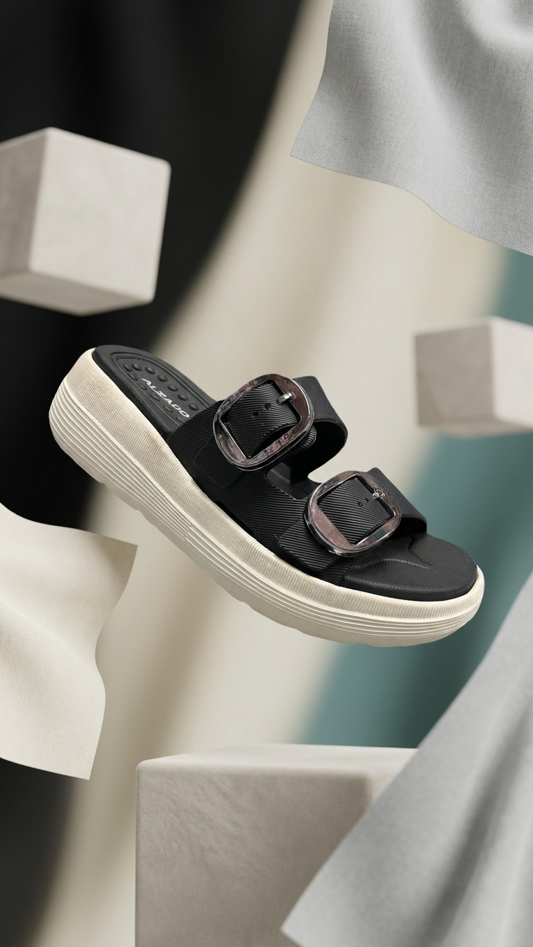 ALZADO Women BLACK Dual-Strap Slip-On Flat.