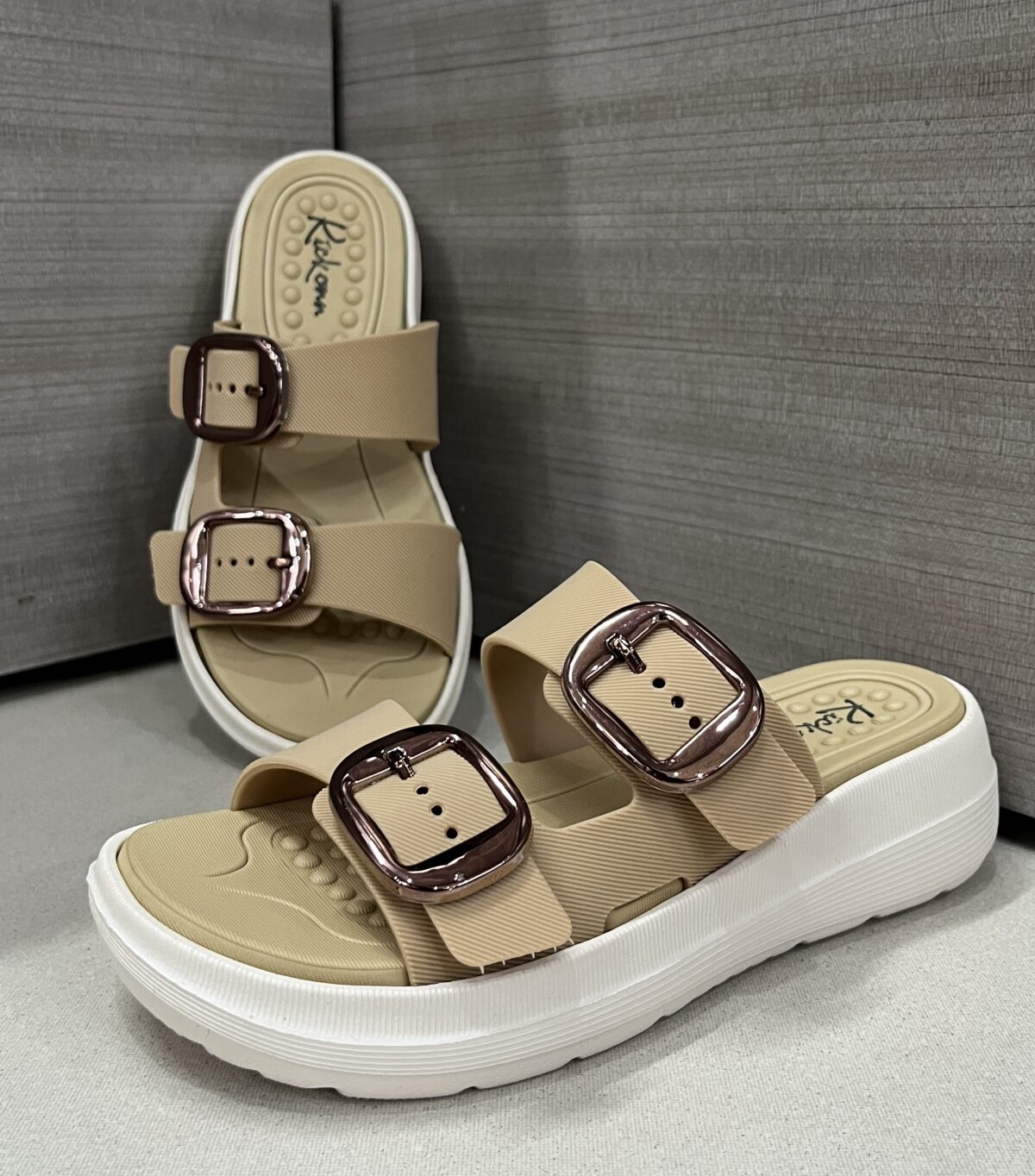 Kickonn Women BROWN Dual-Strap Slip-On Flat.