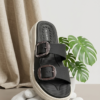 ALZADO Women BLACK Dual-Strap Slip-On Flat.