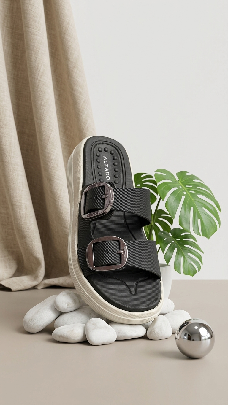 ALZADO Women BLACK Dual-Strap Slip-On Flat.