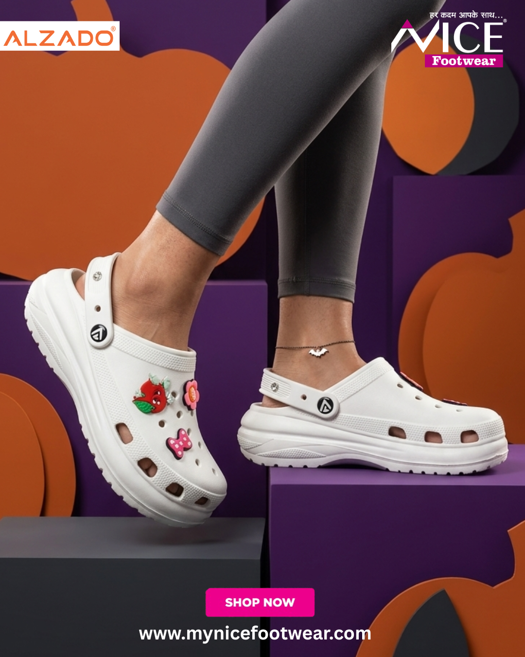 ALZADO Women’s Clogs with Studded Backstrap & Charms White CLARA